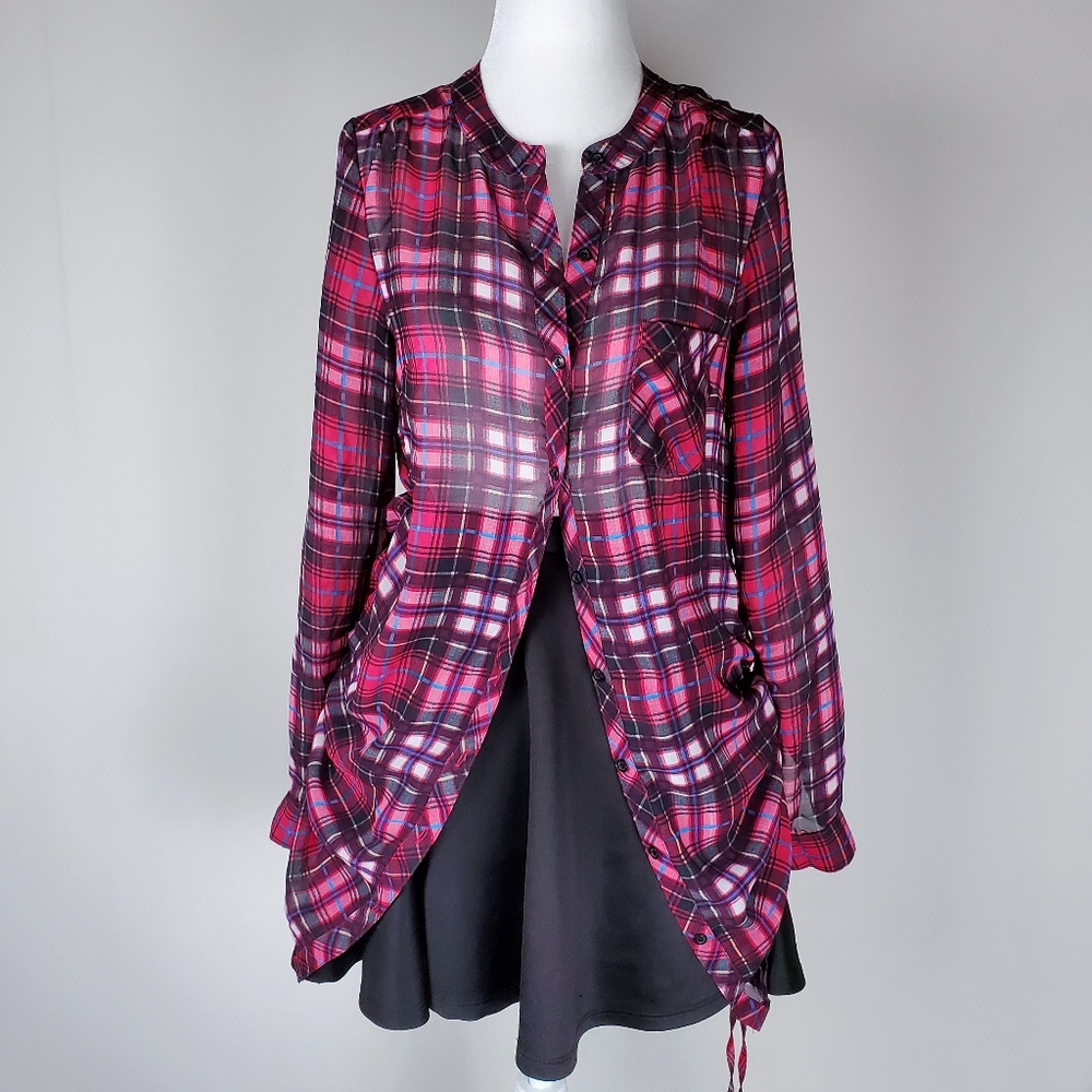 H&M Pink Sheer Multicolor Plaid Ruched Buttonup